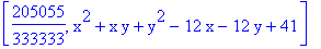 [205055/333333, x^2+x*y+y^2-12*x-12*y+41]